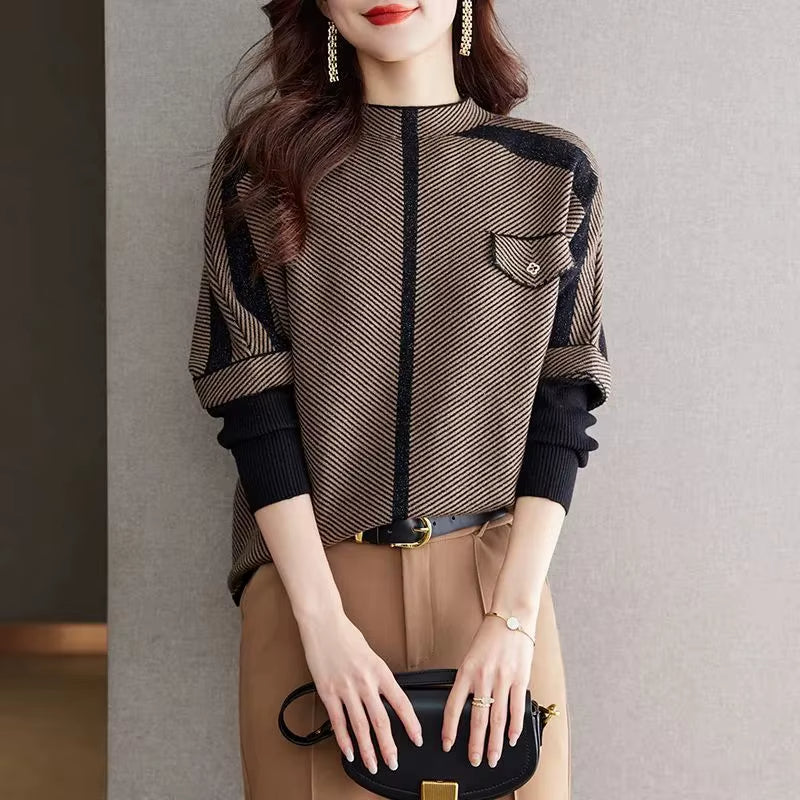 Haut Femme Élégant en Maille Rayée | Manches Longues