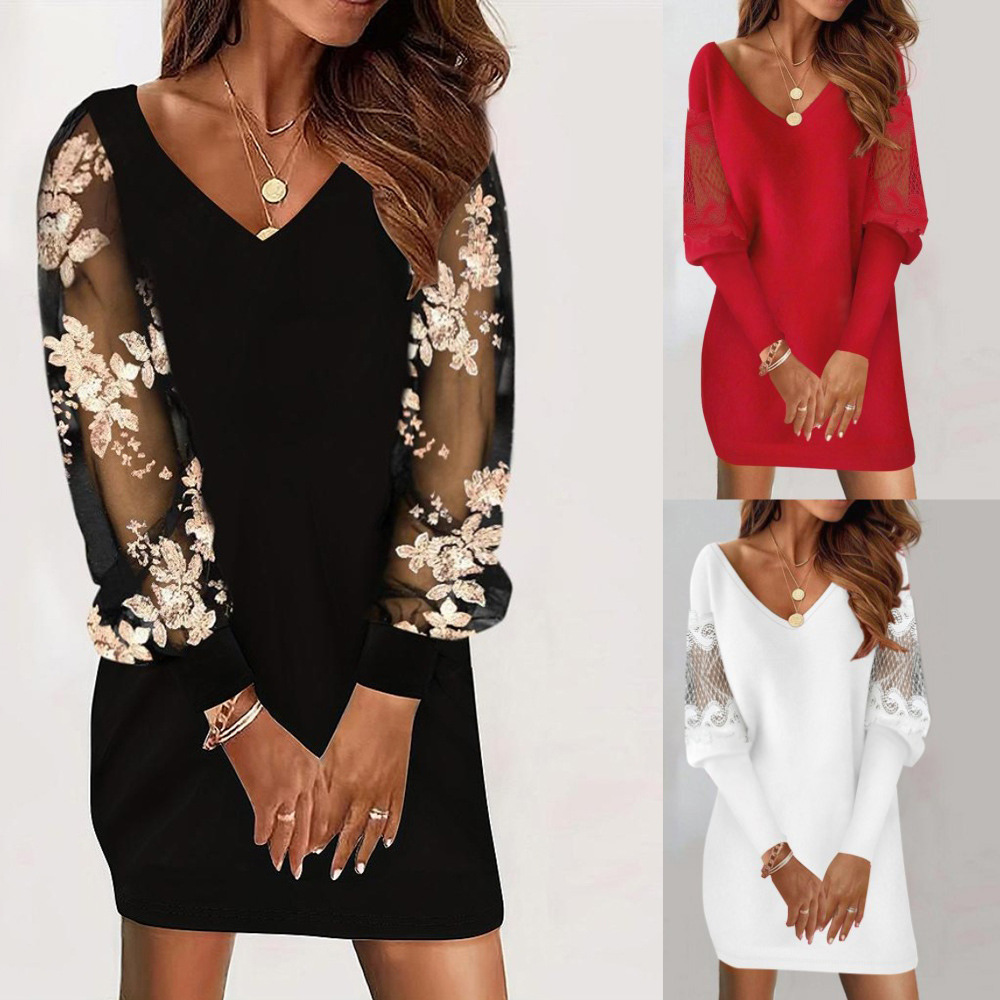 Robe en dentelle pour femmes | Élégance féminine | Décolleté en V, manches longues, tissu luxueux