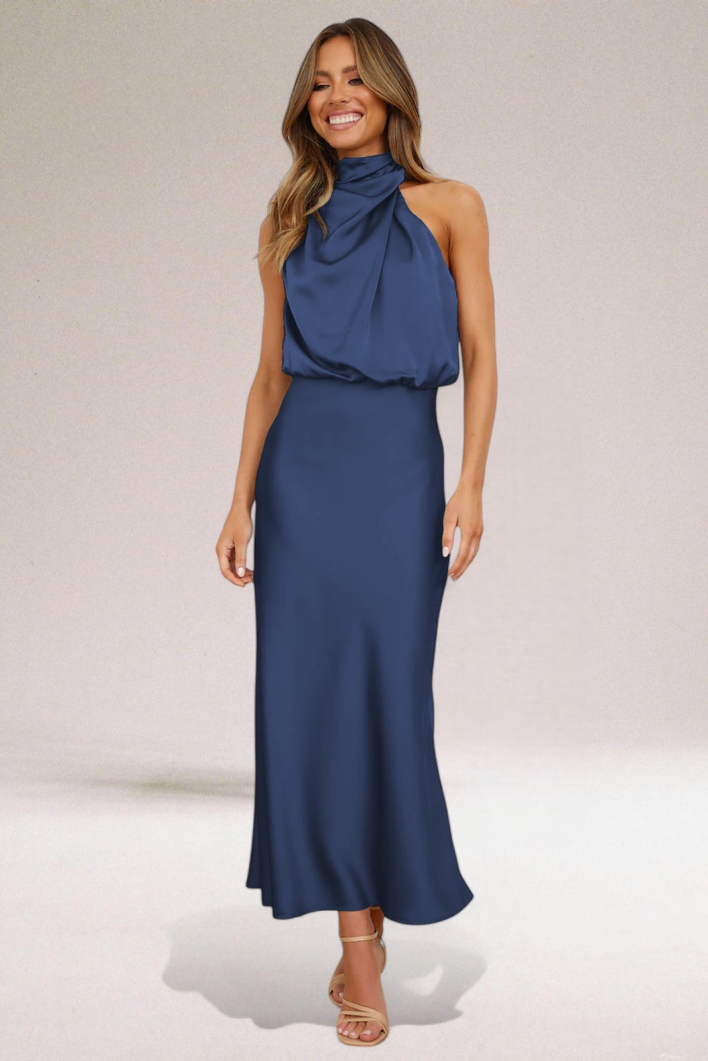 Robe Dos Nu Satin Femme | Élégante & Fluide | Col Halter pour Soirées et Occasions Spéciales