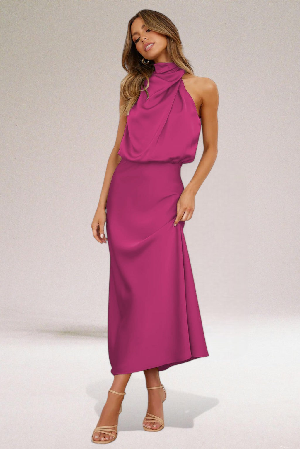 Robe Dos Nu Satin Femme | Élégante & Fluide | Col Halter pour Soirées et Occasions Spéciales