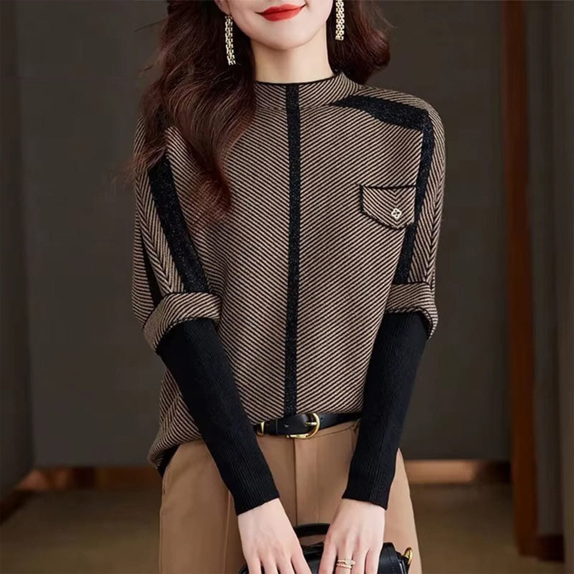 Haut Femme Élégant en Maille Rayée | Manches Longues