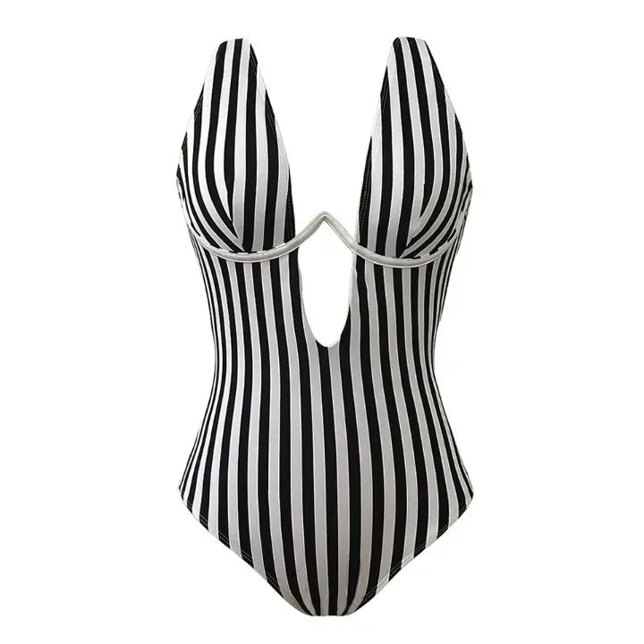 Maillot de Bain Luxe Femme | Rayé & Élégant | Coupe Flatteuse avec Découpes Audacieuses