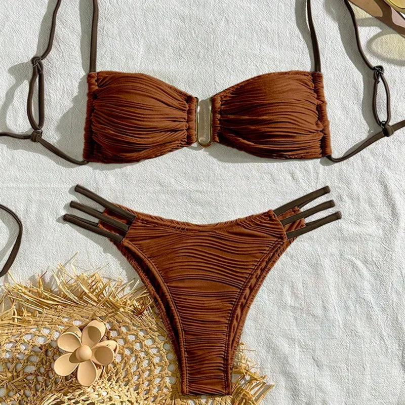 Bikini Boho Ibiza Femme | Design Tendance & Séchage Rapide | Coupe Flatteuse, Ivoire & Brun