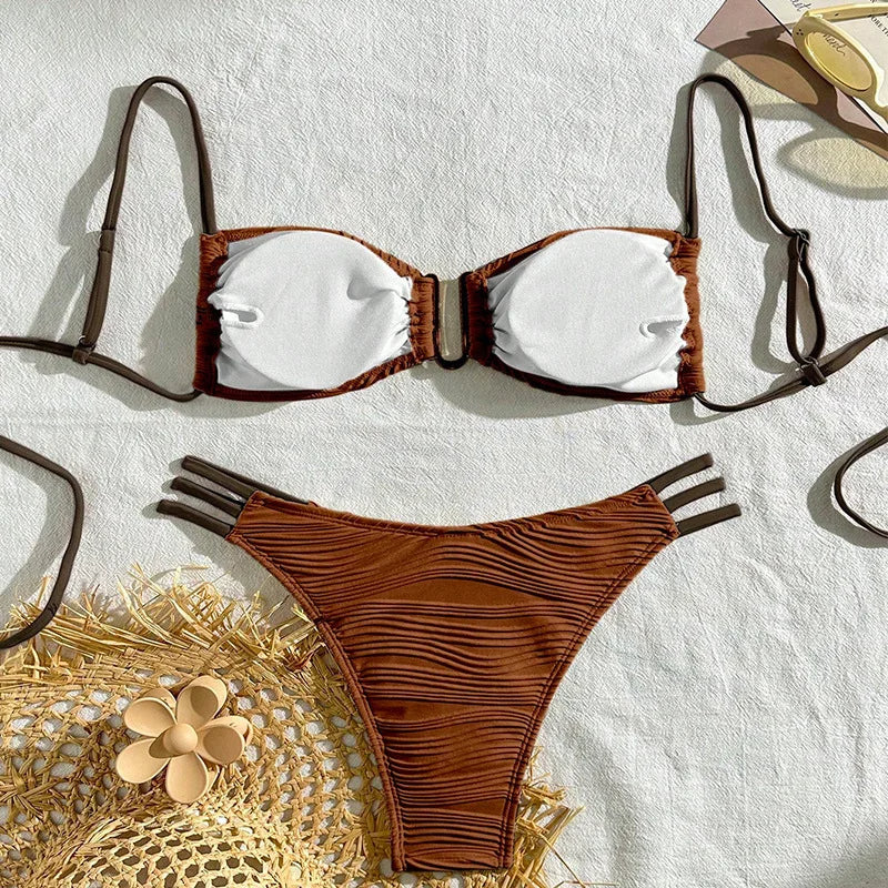 Bikini Boho Ibiza Femme | Design Tendance & Séchage Rapide | Coupe Flatteuse, Ivoire & Brun