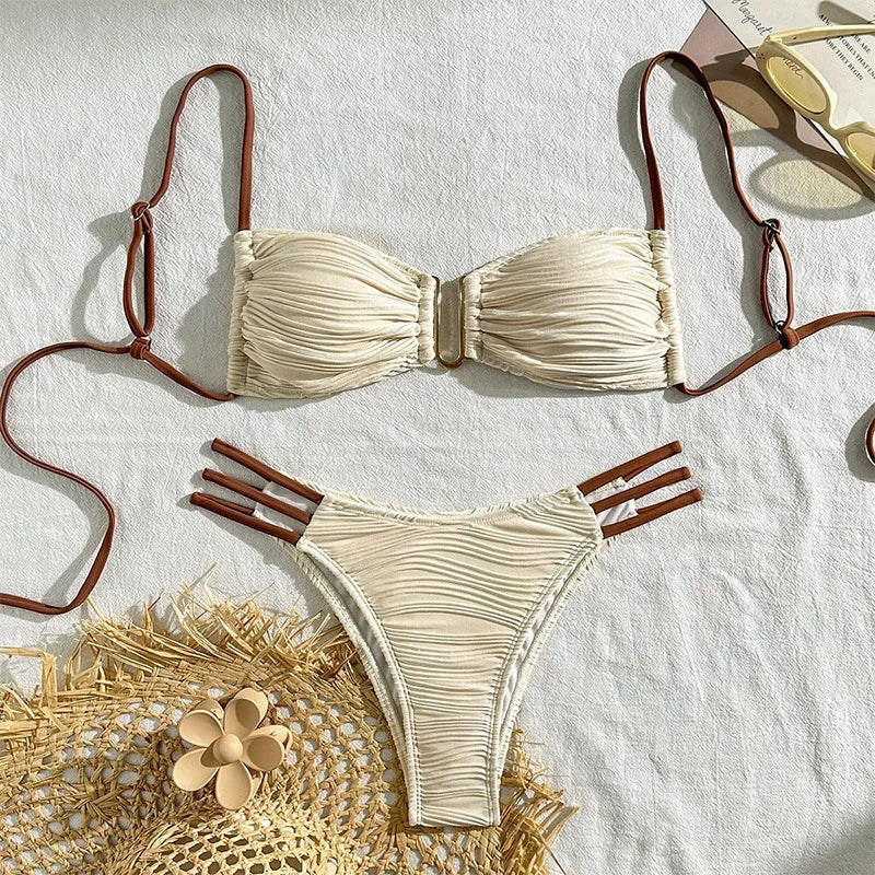 Bikini Boho Ibiza Femme | Design Tendance & Séchage Rapide | Coupe Flatteuse, Ivoire & Brun
