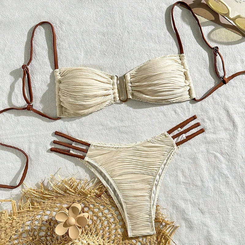 Bikini Boho Ibiza Femme | Design Tendance & Séchage Rapide | Coupe Flatteuse, Ivoire & Brun