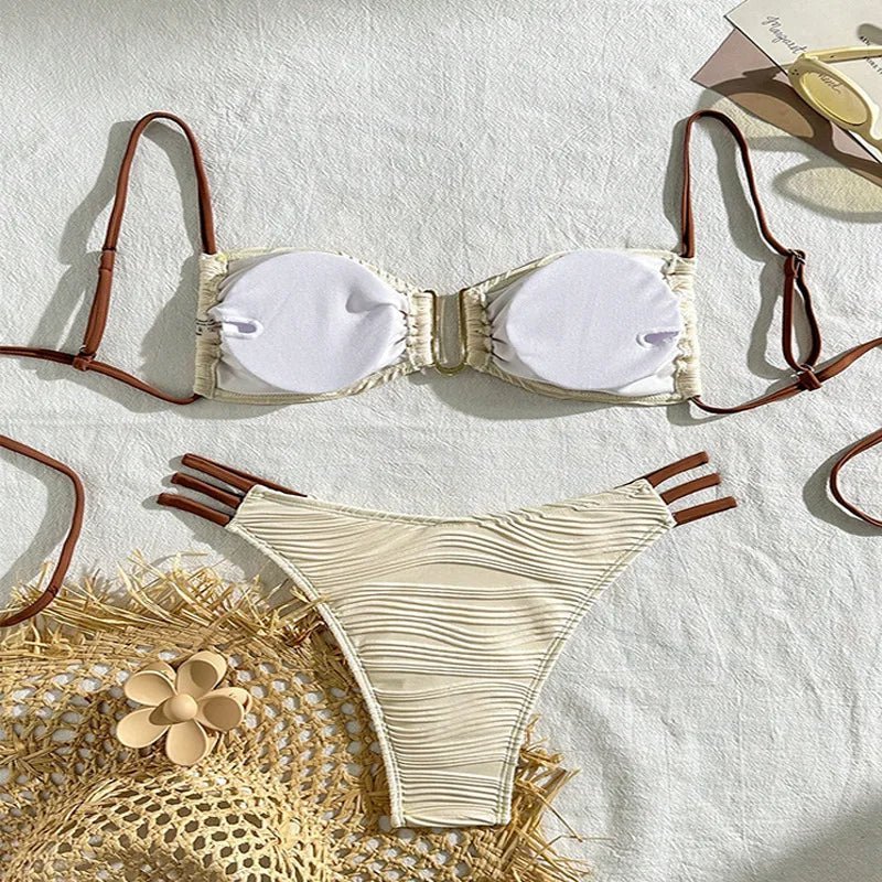 Bikini Boho Ibiza Femme | Design Tendance & Séchage Rapide | Coupe Flatteuse, Ivoire & Brun