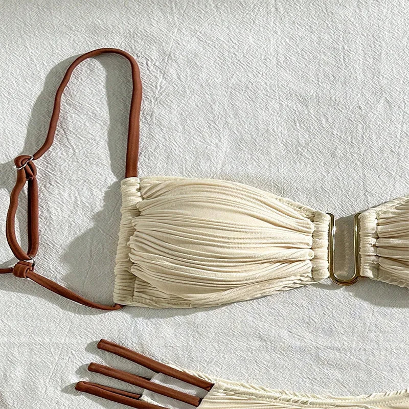 Bikini Boho Ibiza Femme | Design Tendance & Séchage Rapide | Coupe Flatteuse, Ivoire & Brun