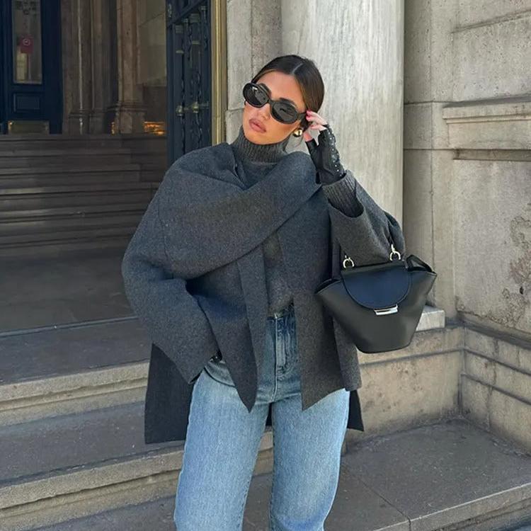 Nina - Manteau cape en laine gris anthracite col écharpe