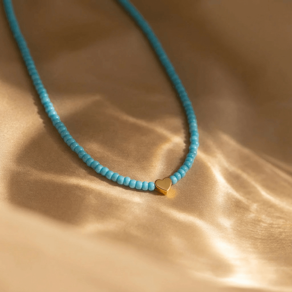 Collier Femme Cœur Perlé Bleu