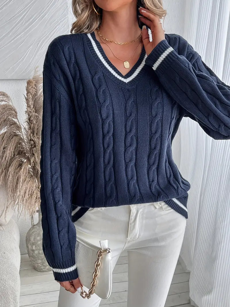 Pull Femme Col V À Finitions Côtelées Coupe Ample