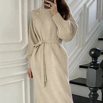 Robe Midi Femme en Maille Élégante | Détail Asymétrique à Boutons