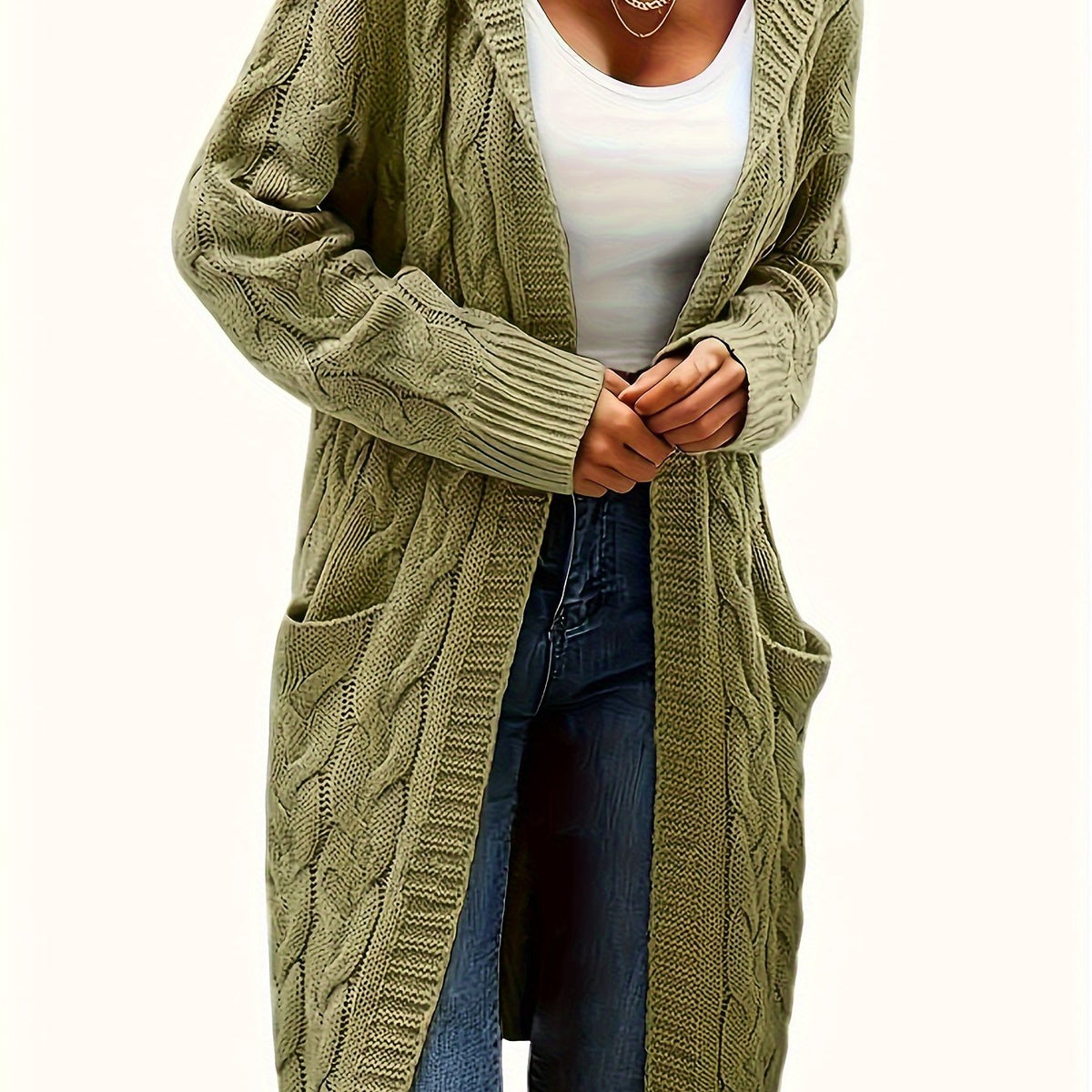 Cardigan femme à capuchon long avec texture câblée
