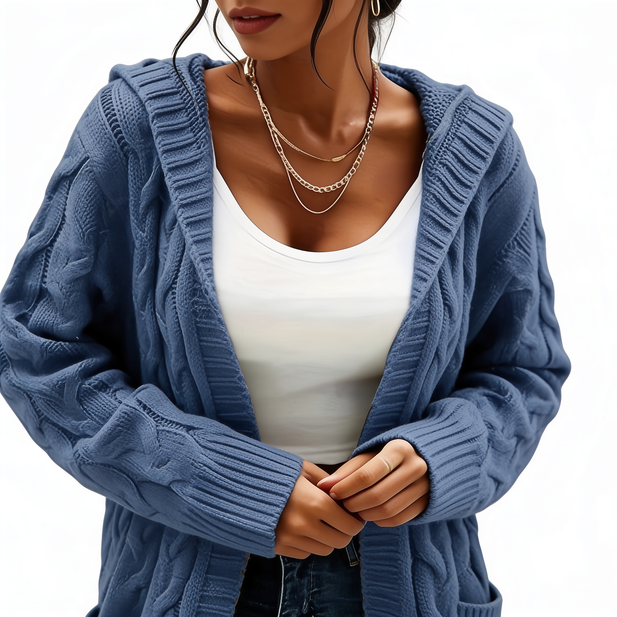 Cardigan femme à capuchon long avec texture câblée