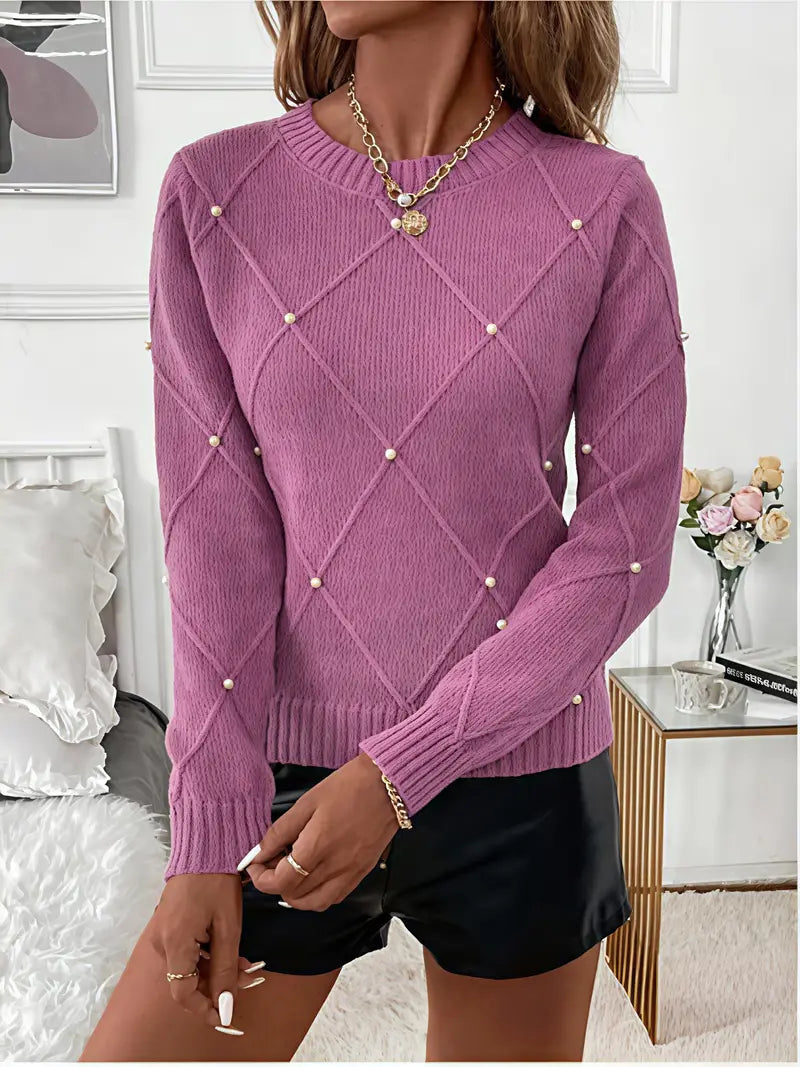 Fayrienne - Pull Femme en Maille avec Perles Décoratives