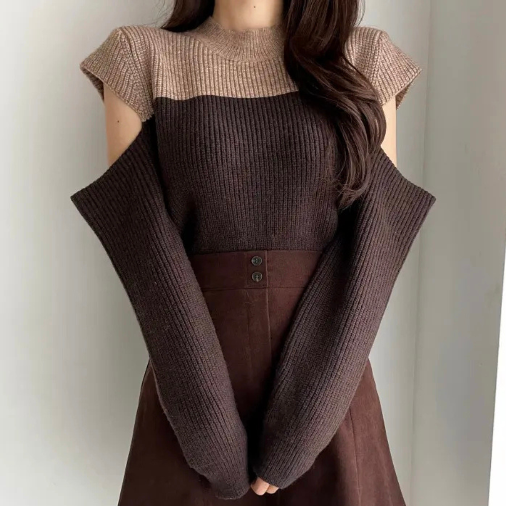 Pull marron bicolore en maille col rond