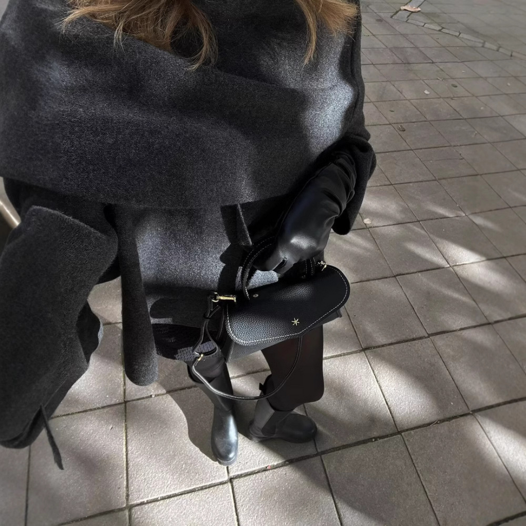 Nina - Manteau cape en laine gris anthracite col écharpe