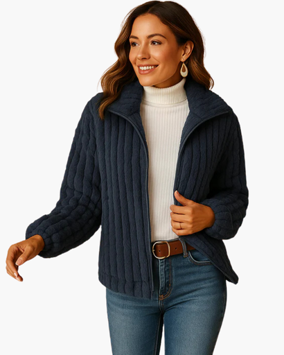 Veste courte femme à col montant – effet doudou côtelé, style casual chic