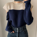Pull marron bicolore en maille col rond