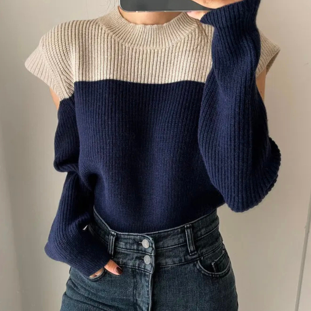 Pull marron bicolore en maille col rond