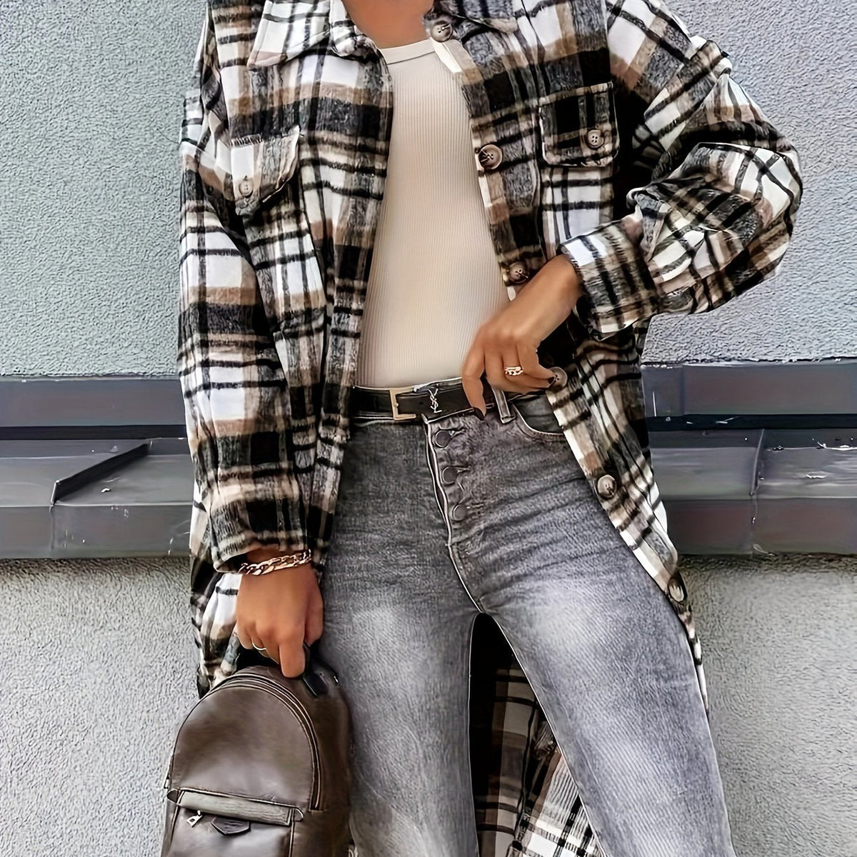 Evelora - Veste Longue à Imprimé Carreaux pour Femmes