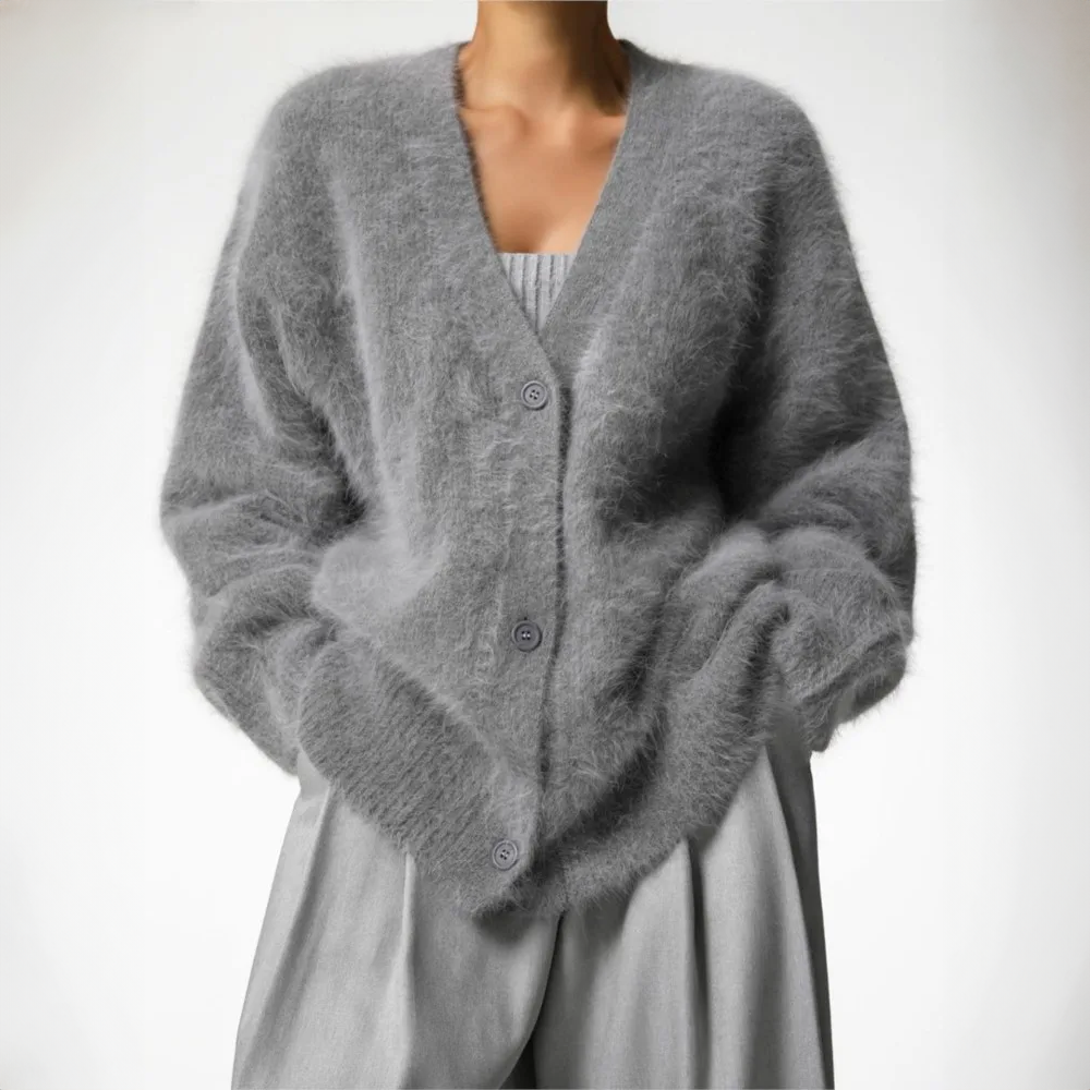 Alfie - Cardigan Gris Doux en Laine Angora pour Femme