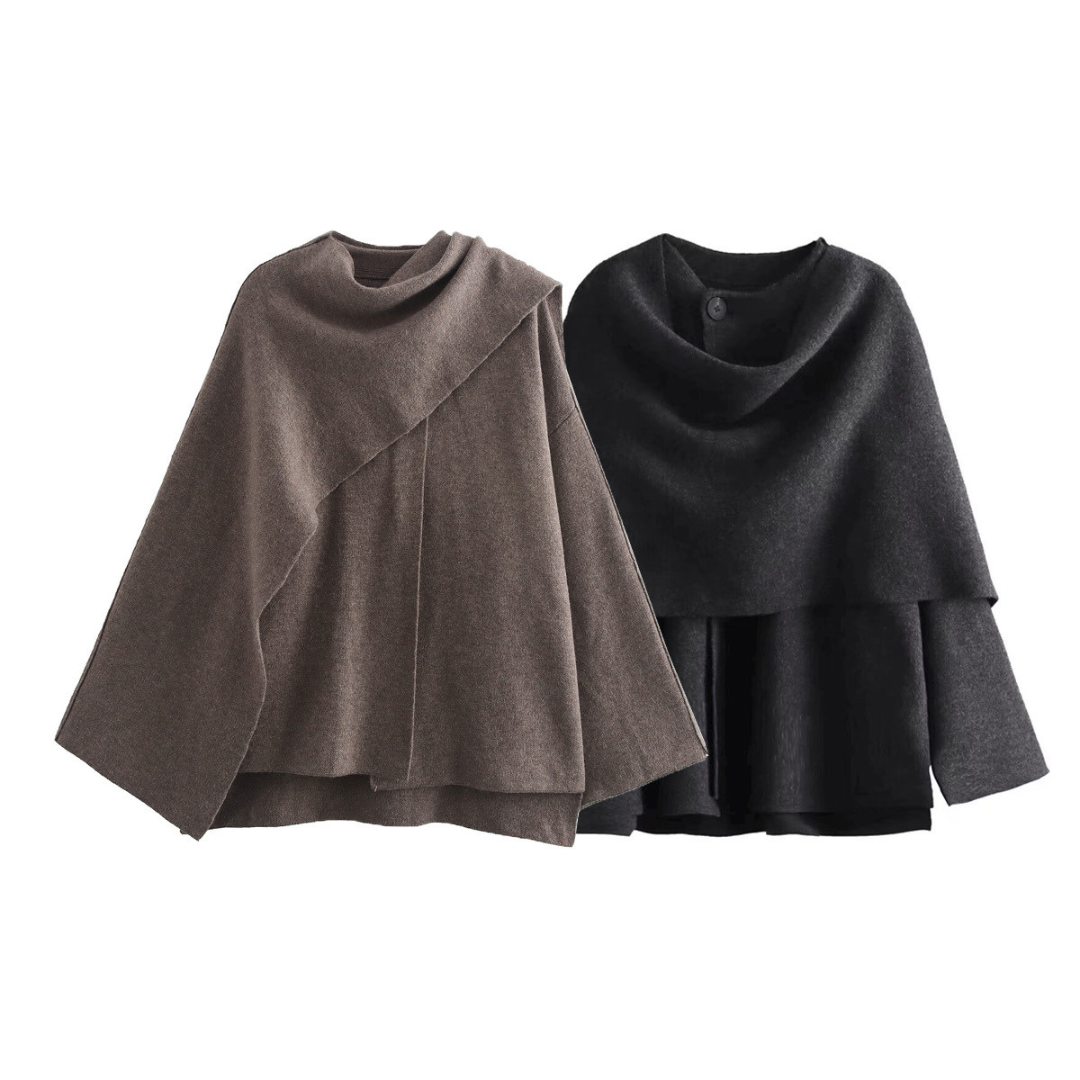 Nina - Manteau cape en laine gris anthracite col écharpe