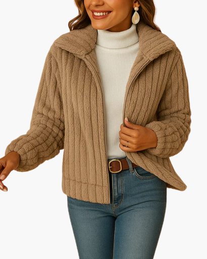 Veste courte femme à col montant – effet doudou côtelé, style casual chic