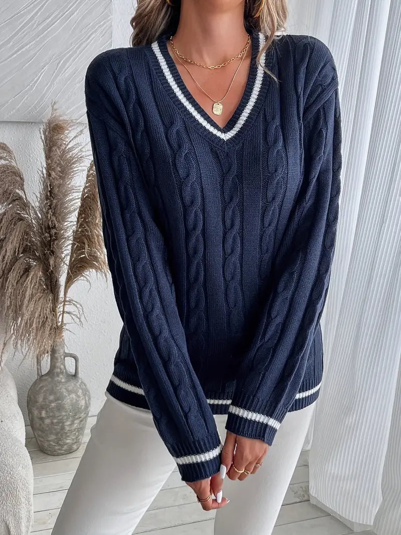 Pull Femme Col V À Finitions Côtelées Coupe Ample