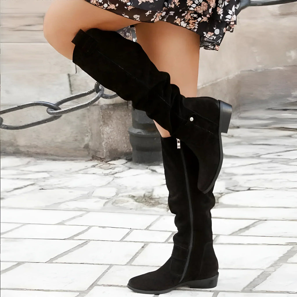 Bottes hautes en daim noir talon bloc