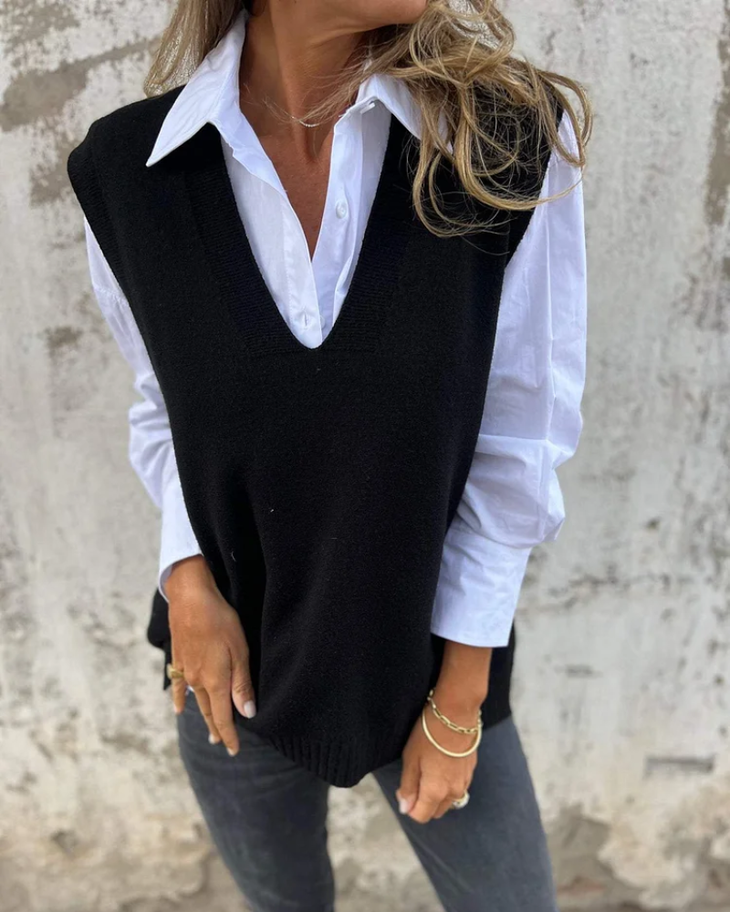 Pull sans manches en maille taupe col V