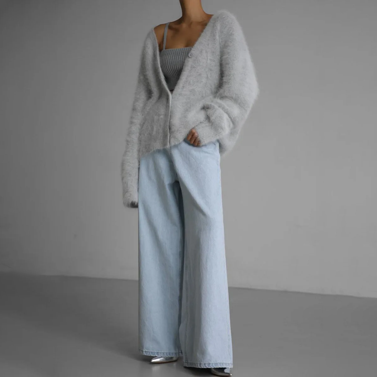 Alfie - Cardigan Gris Doux en Laine Angora pour Femme