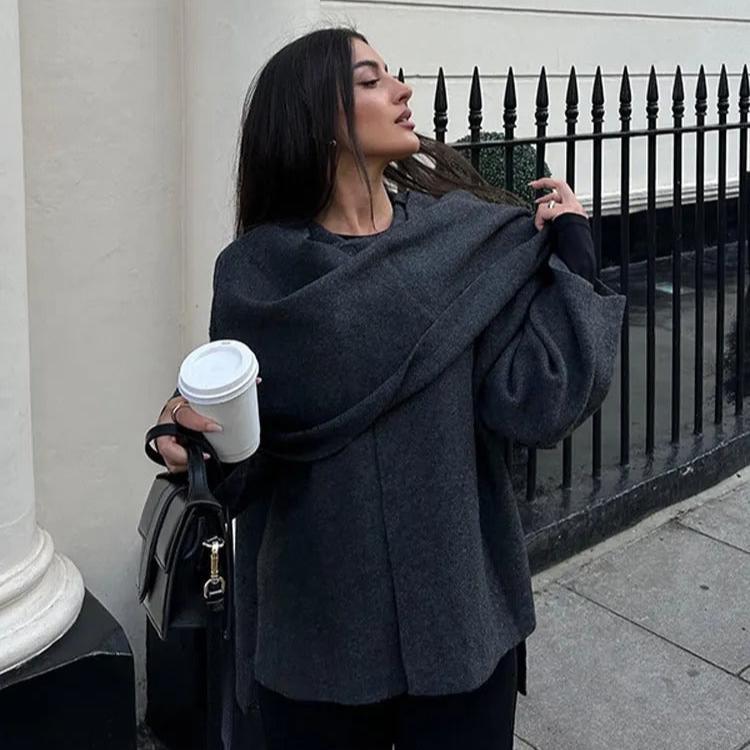 Nina - Manteau cape en laine gris anthracite col écharpe