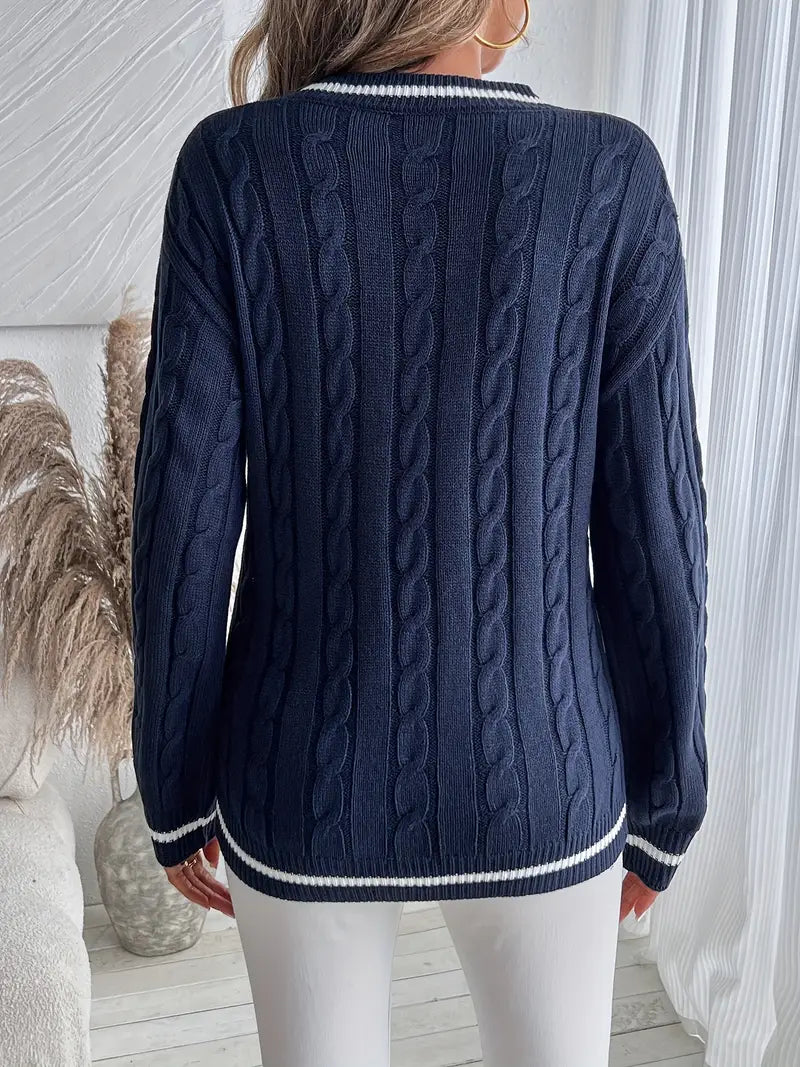 Pull Femme Col V À Finitions Côtelées Coupe Ample