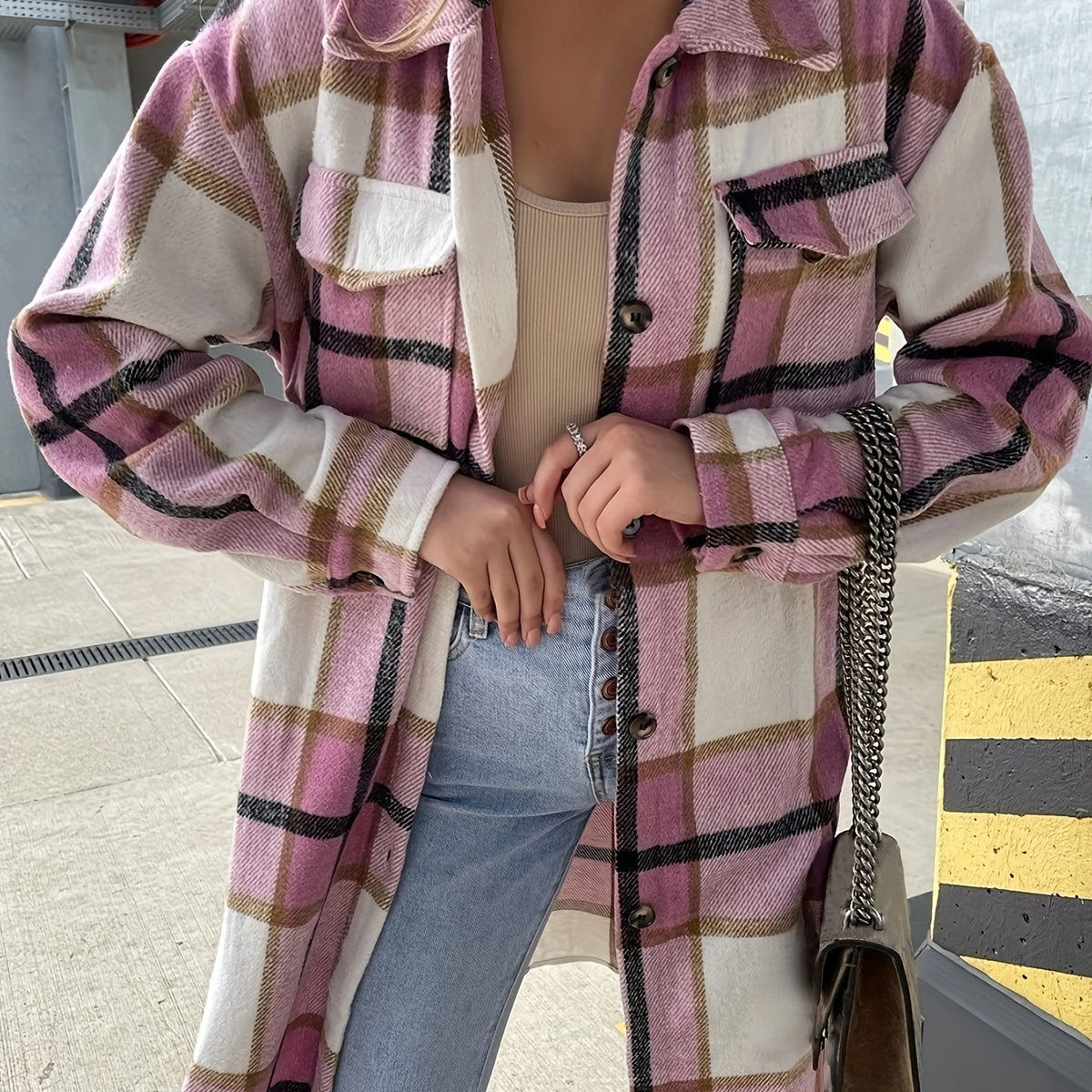 Evelora - Veste Longue à Imprimé Carreaux pour Femmes