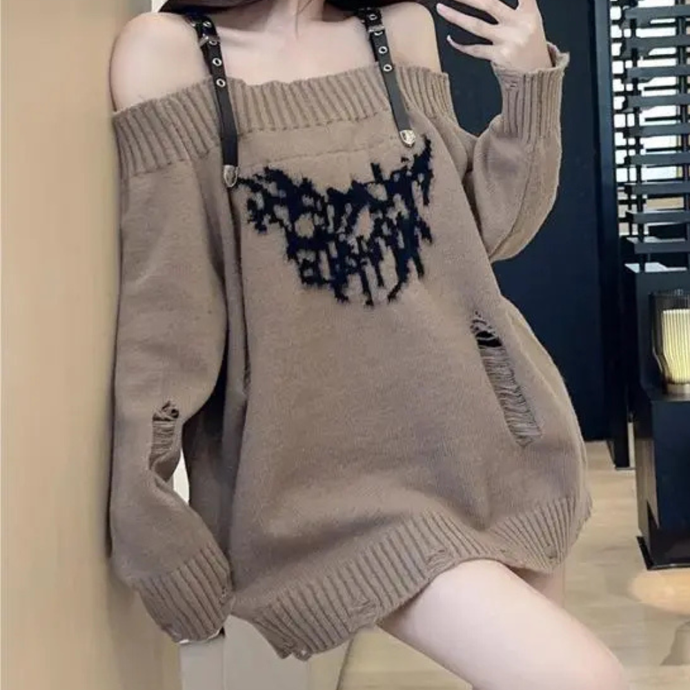 Pull noir oversize en maille motif rouge