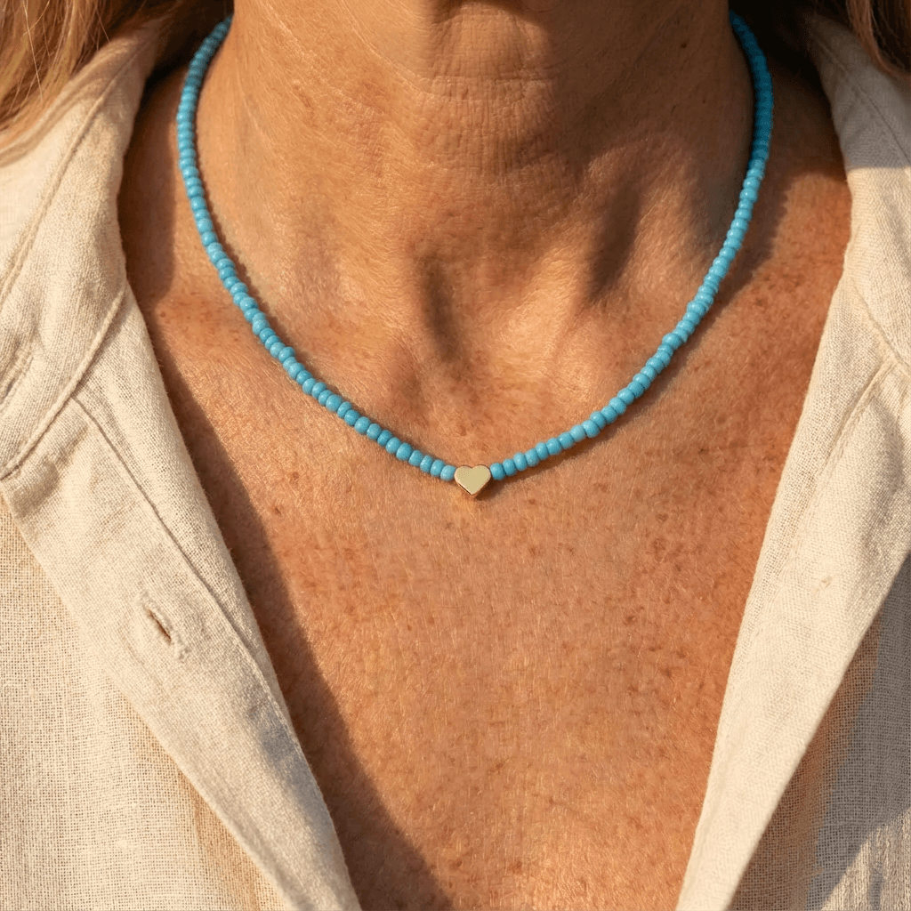Collier Femme Cœur Perlé Bleu