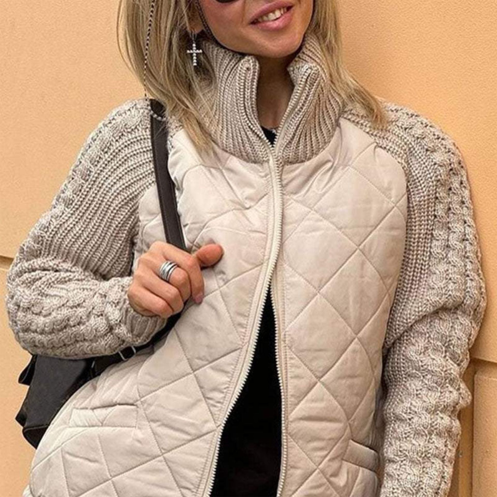 Veste Matelassée Femme avec Manches en Tricot | Col Haut