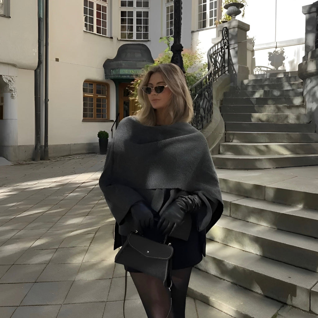 Nina - Manteau cape en laine gris anthracite col écharpe
