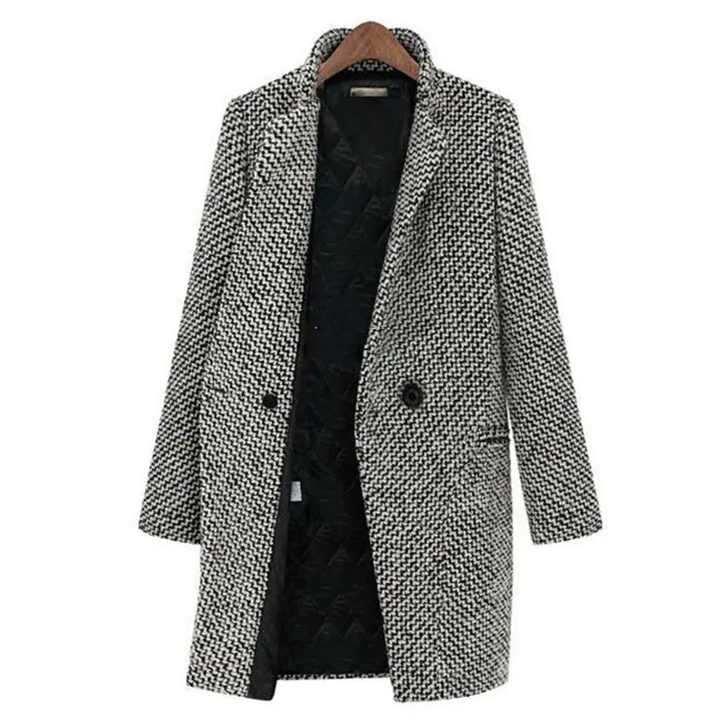 Sarah - Manteau long chaud en tweed gris col tailleur