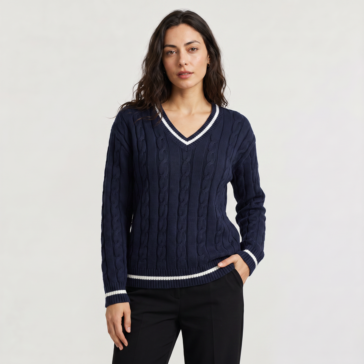 Pull Torsadé Col V Bandes Contrastées Femme