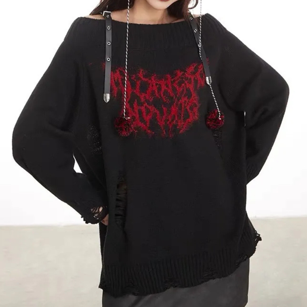 Pull noir oversize en maille motif rouge