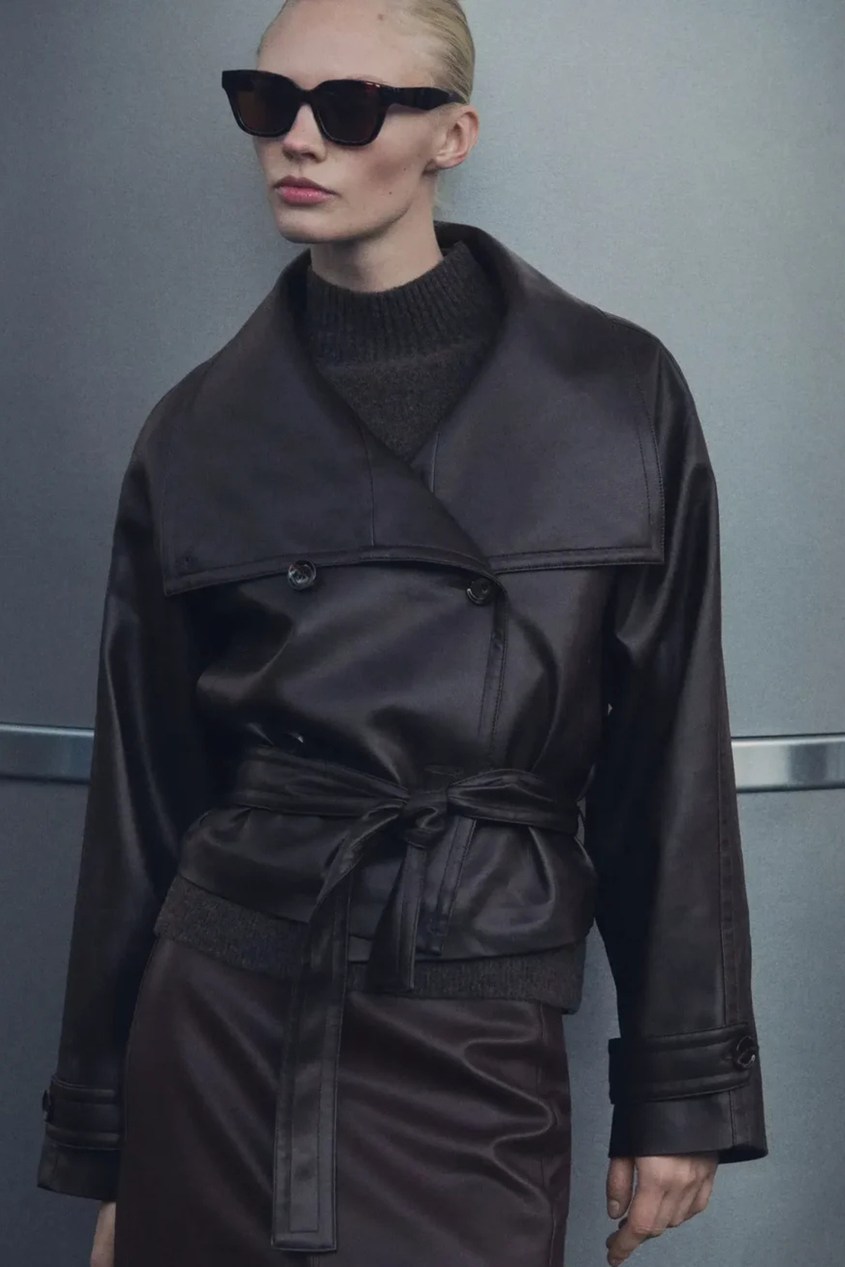 Veste Courte en Similicuir pour Femme, Double Boutonnage à Ceinture