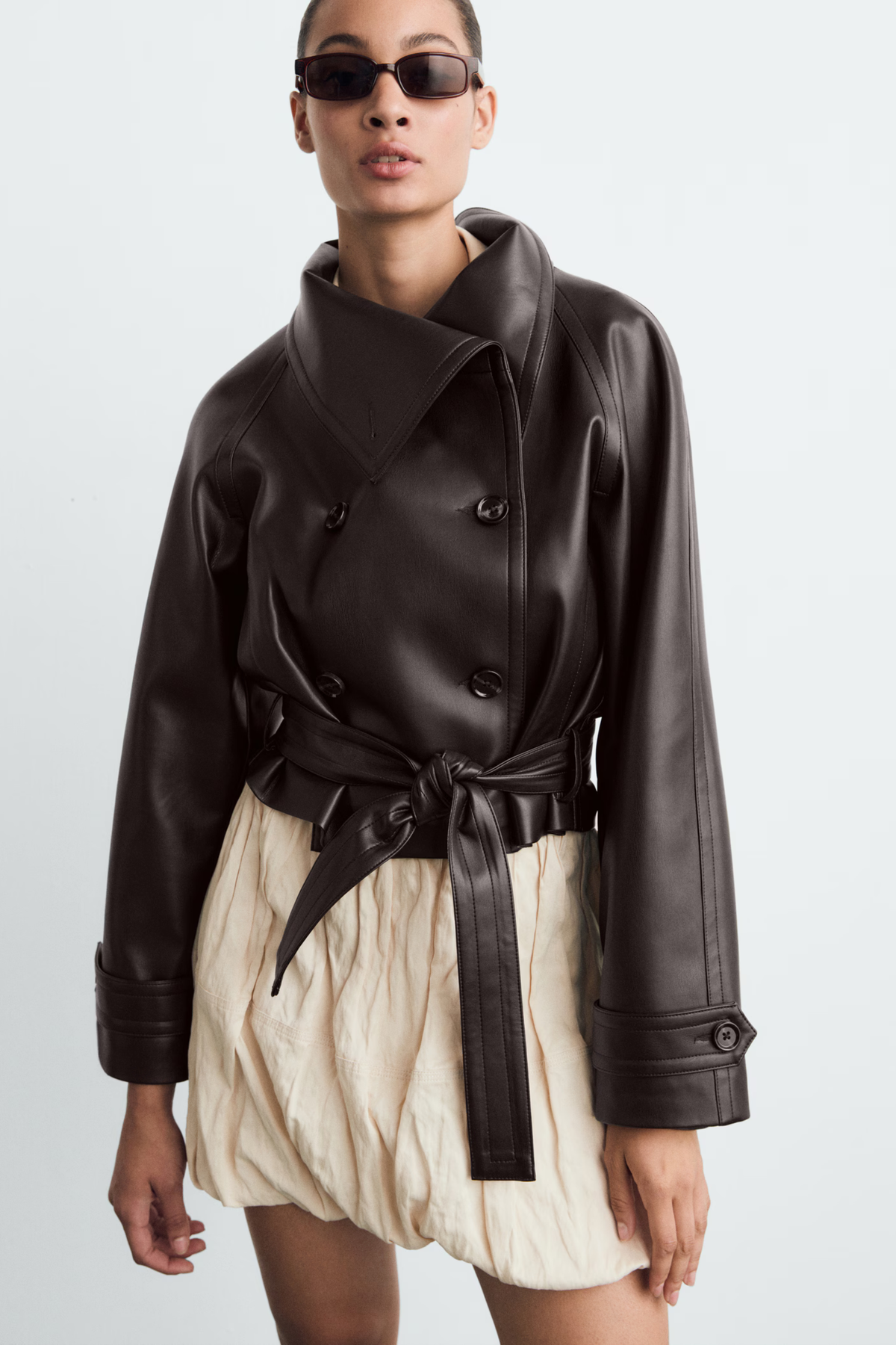 Veste Courte en Similicuir pour Femme, Double Boutonnage à Ceinture
