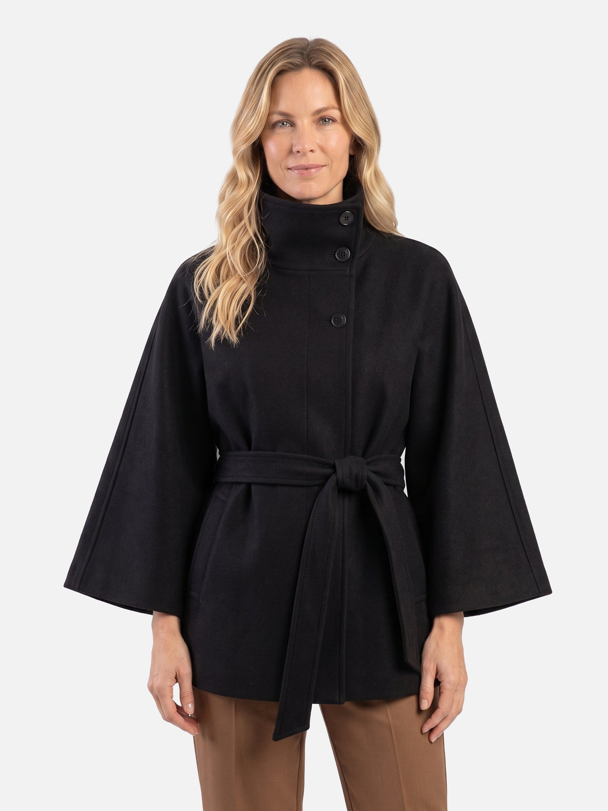 Manteau cape à col montant et ceinture pour femmes
