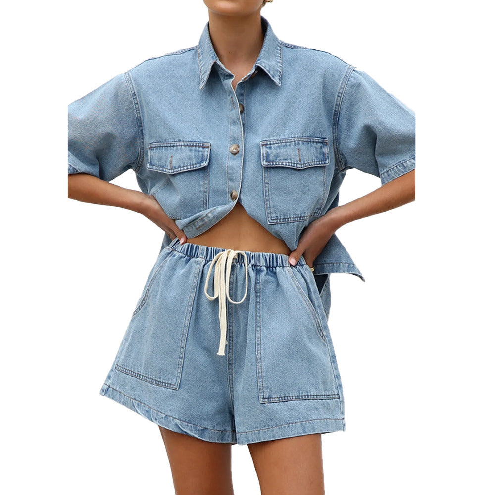 Ensemble chemise courte et short pour femmes - Denim bleu clair
