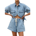Ensemble chemise courte et short pour femmes - Denim bleu clair