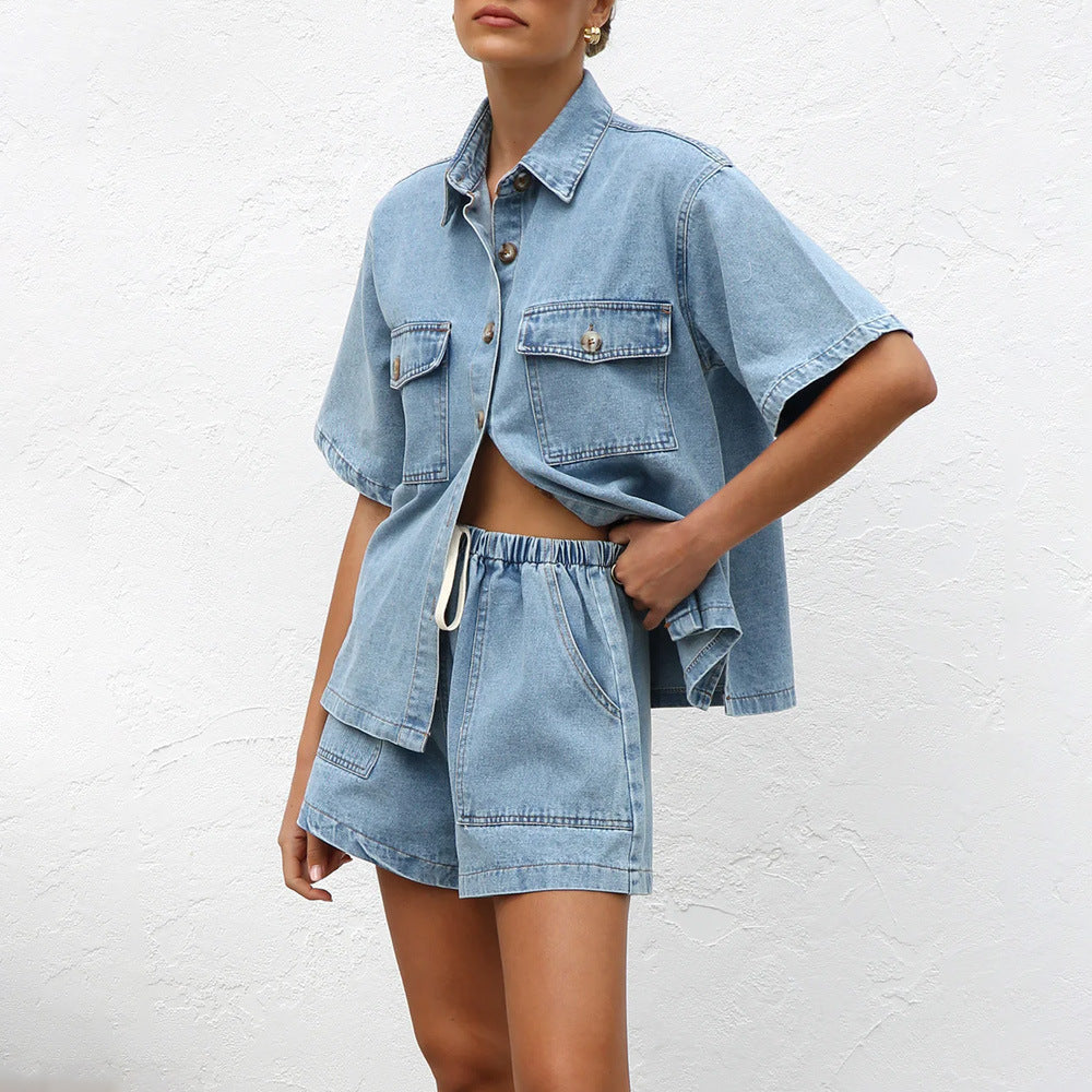 Ensemble chemise courte et short pour femmes - Denim bleu clair