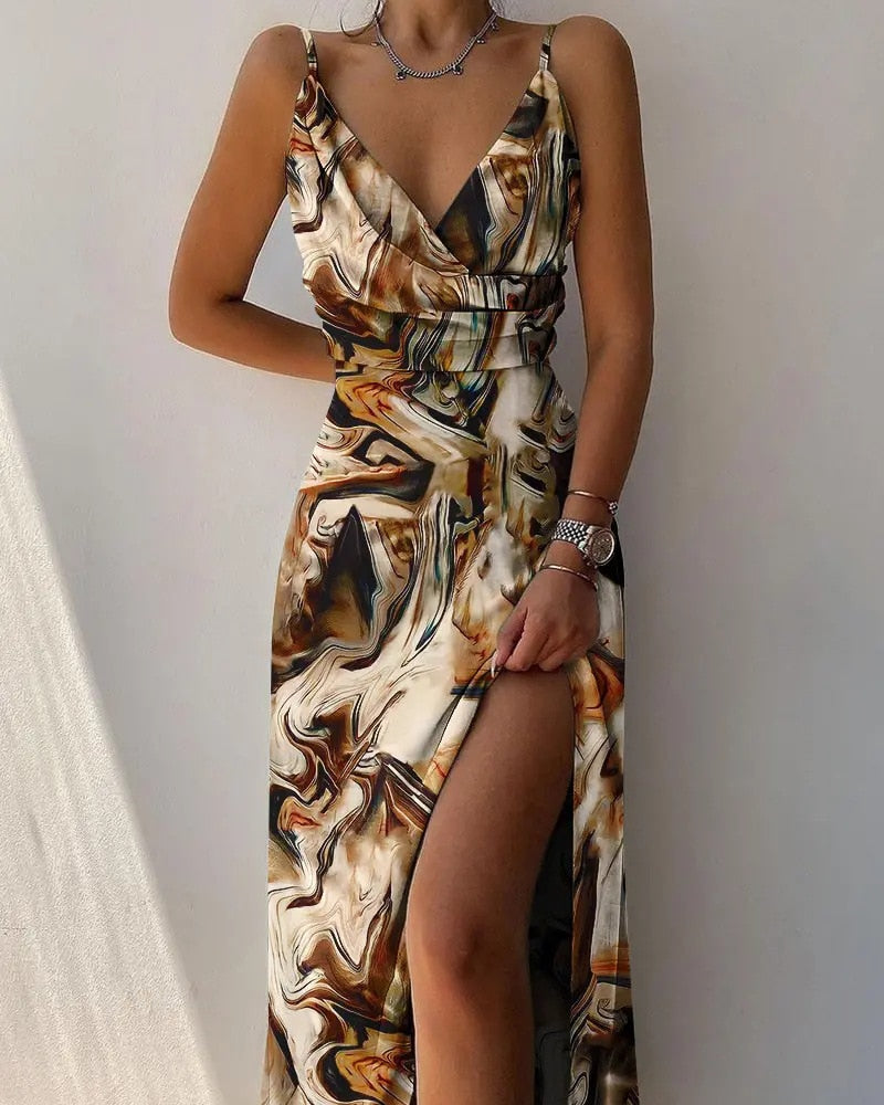 Robe à col en V pour femmes - Élégante avec fente haute