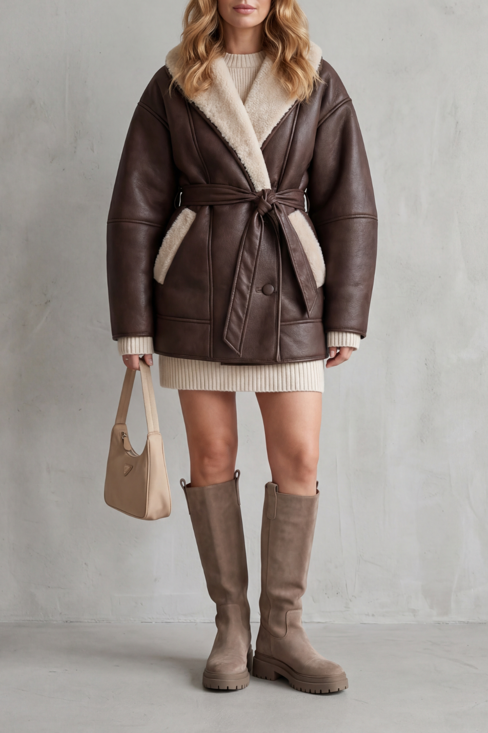 Manteau Femme Ceinturé en Cuir Synthétique - Empiècements Polaire Contrastants